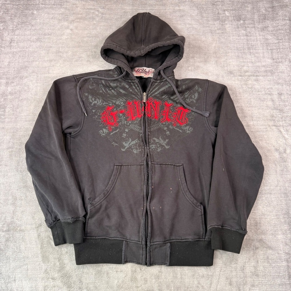 Gunit Sweatshirt Mens Medium Black Zip Up Hoodie Gothic Y2K Hip Hop Distressed